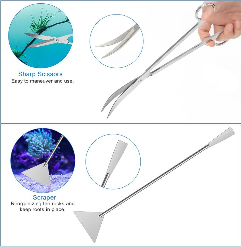 Liveek Extra Long Aquarium Aquascaping Tools Kit 8 in 1, Stainless Steel Aquarium Plant Tools Long Fish Tank Aquascape Tweezers Scissors Scrapers, PH Paper, Fish Net, Aquascape Clean Brush, Bag - Image 4